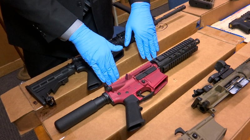 FILE — Ghost guns are displayed at the headquarters of the San Francisco Police Department, in...