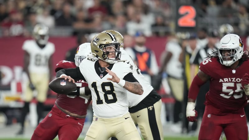 New Orlenas Saints Quarterback Spencer Rattler (18) passes in the second half of a preseason...