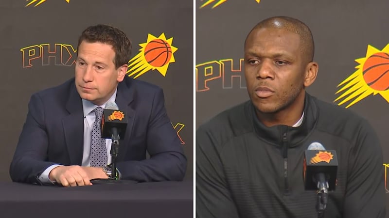 Phoenix Suns owner Mat Ishbia and team President and General Manager James Jones spoke to fans...