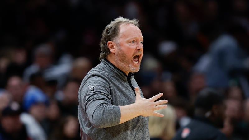 Milwaukee Bucks head coach Mike Budenholzer argues a call during the second half of an NBA...