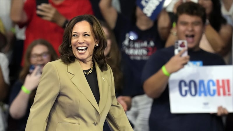 Democratic presidential nominee Vice Preisdent Kamala Harris arrives at a campaign rally at...