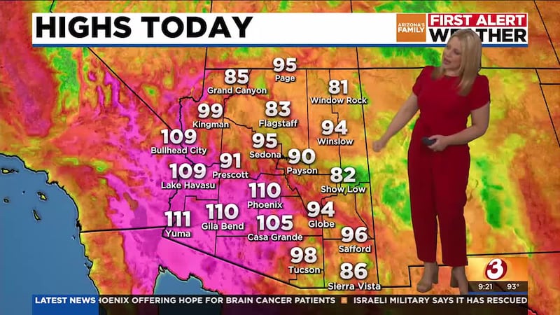 Expect highs around 110 in the Valley on Tuesday with a slight chance of rain.