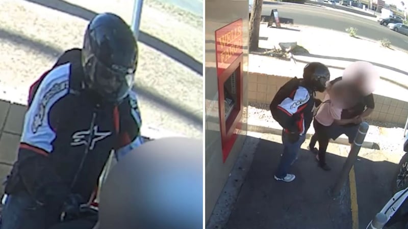 Surveillance video shows a suspect wearing a motorcycle helmet approaching a couple who had...