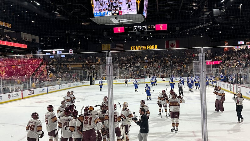 FILE - Arizona State players celebrate after beating Alaska Anchorage in an NCAA college...