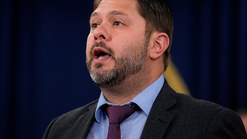 FILE - Rep. Ruben Gallego, D-Ariz., speaks at the Capitol, Thursday, April 6, 2023, in...