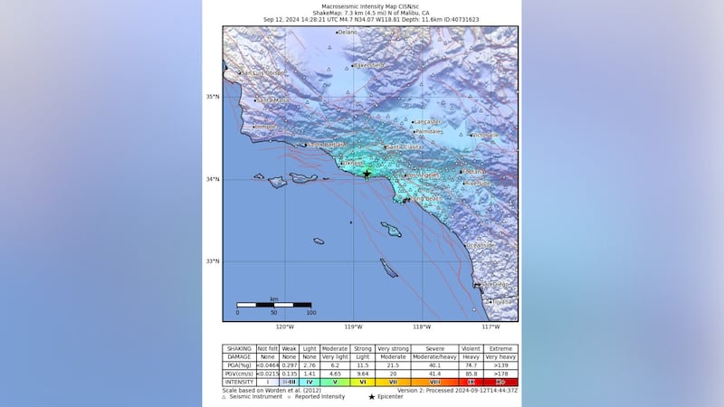 This map from the U.S. Geological Survey shows the macroseismic intensity of Thursday's...