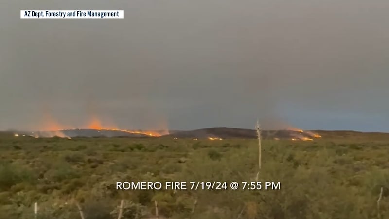 The Romero Fire is burning grass and brush northwest of Mammoth, Ariz.