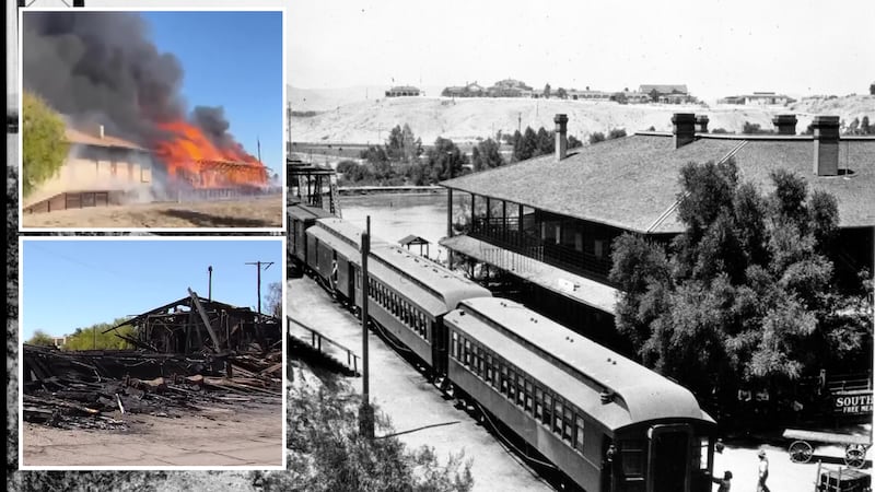 Upper left box shows the train depot on fire (Yuma fire Dept). Lower left box shows the burned...