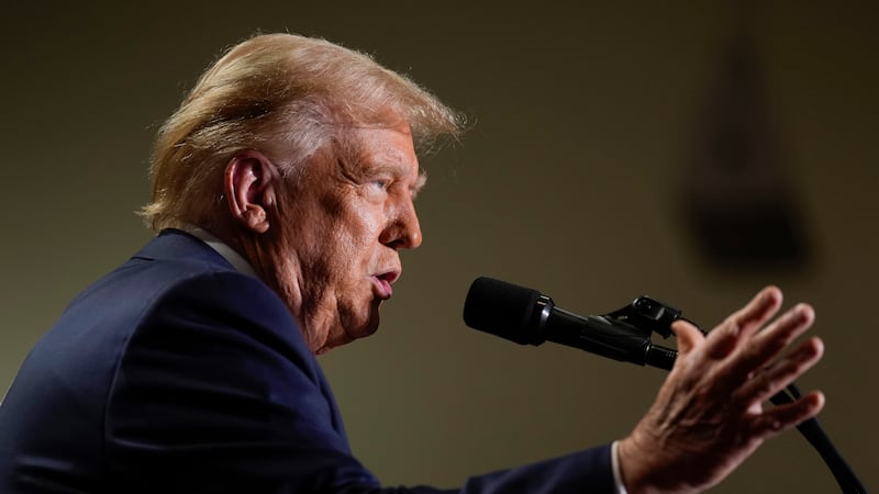 Republican presidential nominee former President Donald Trump speaks at a campaign event,...