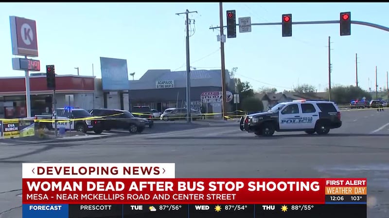 A woman is dead after police say she was found shot at a bus stop in Mesa on Tuesday morning.