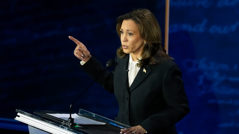 Democratic presidential nominee Vice President Kamala Harris speaks during a presidential...